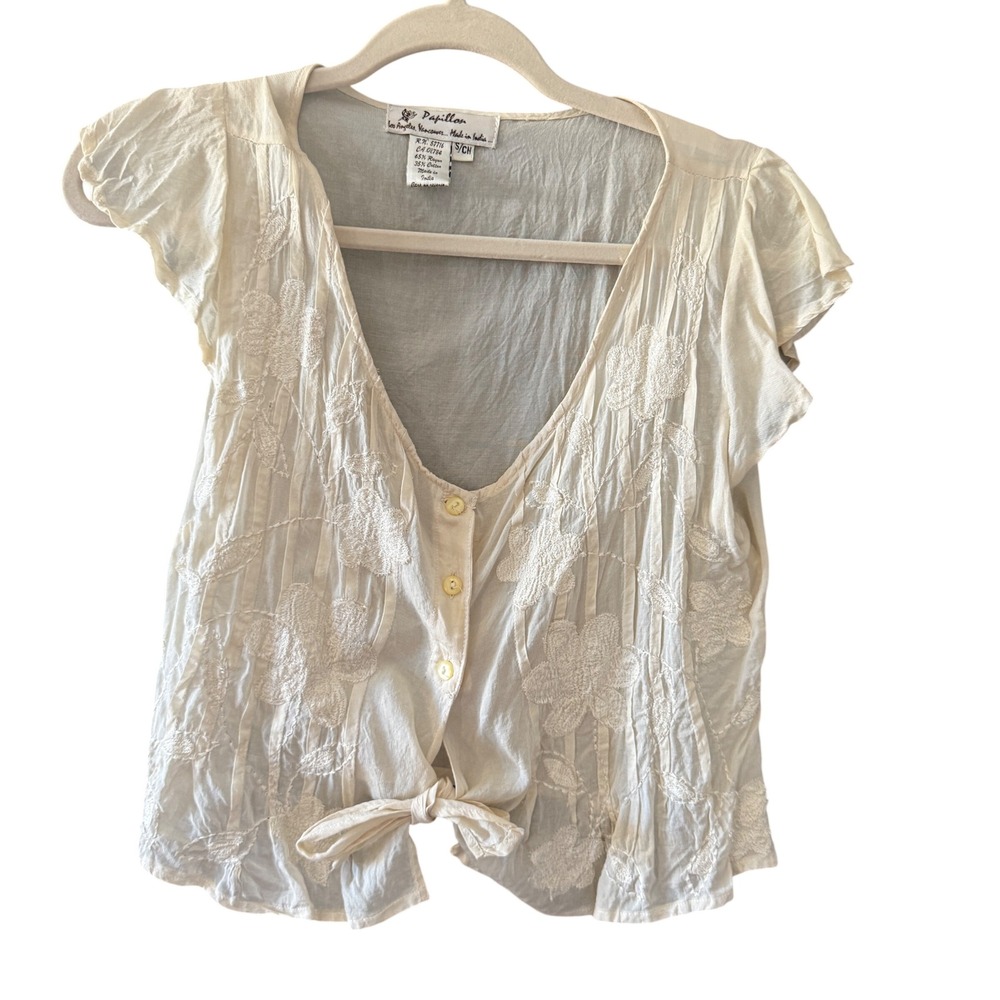 Papillon Vintage Y2k Women Ivory Floral Embroidered Tie‎ Blouse Cottage Small